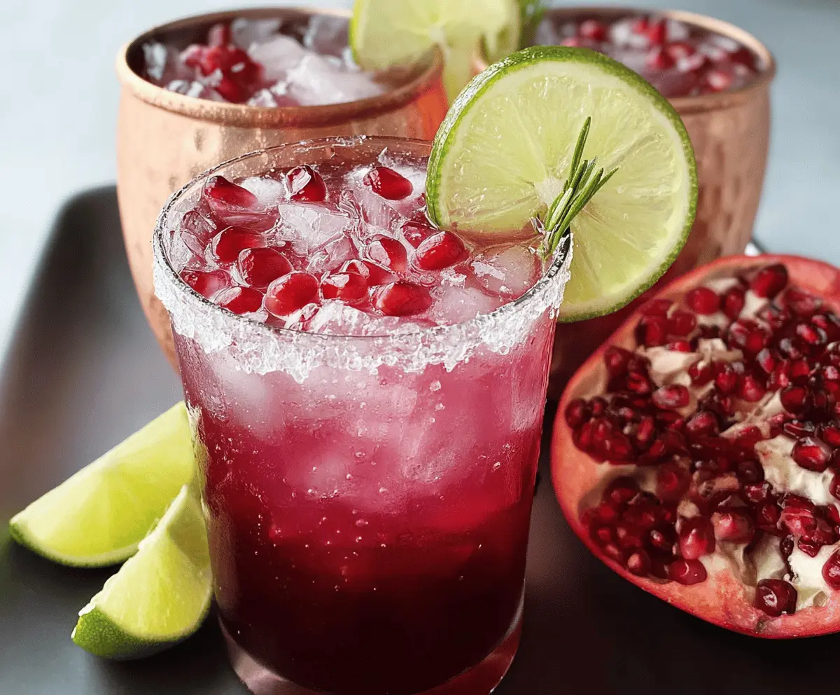 Refreshing Pomegranate Mule cocktail served in a glass with pomegranate seeds and lime wedge.