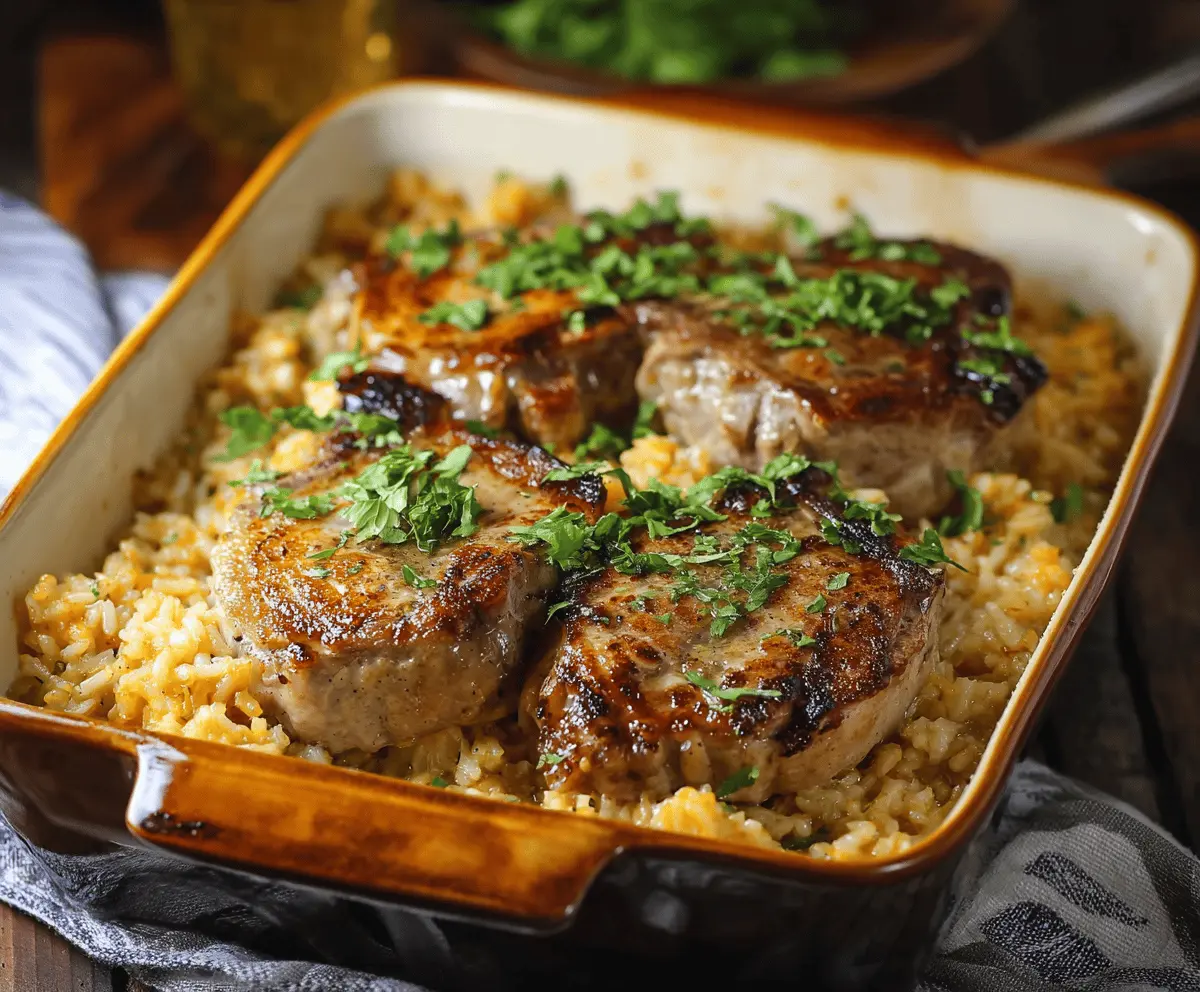 Delicious pork chops and rice casserole served on a plate, featuring golden-brown pork and fluffy rice with vegetables.