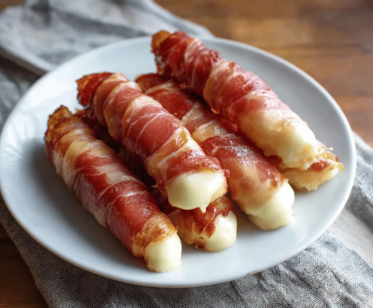 Crispy prosciutto-wrapped mozzarella sticks served with marinara sauce for a delicious appetizer.