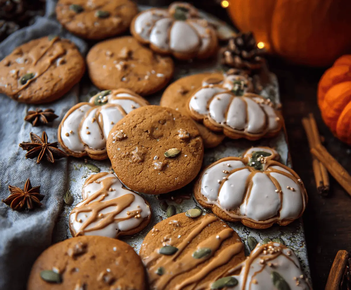 Golden-brown pumpkin gingerbread cookies on a festive plate, perfect for fall baking.