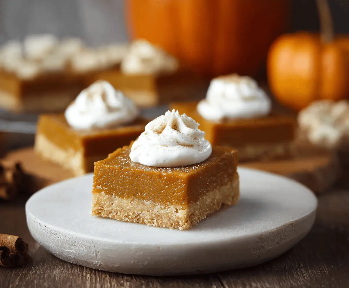 Delicious pumpkin pie bars with a spiced pumpkin filling and flaky crust, perfect for fall desserts.