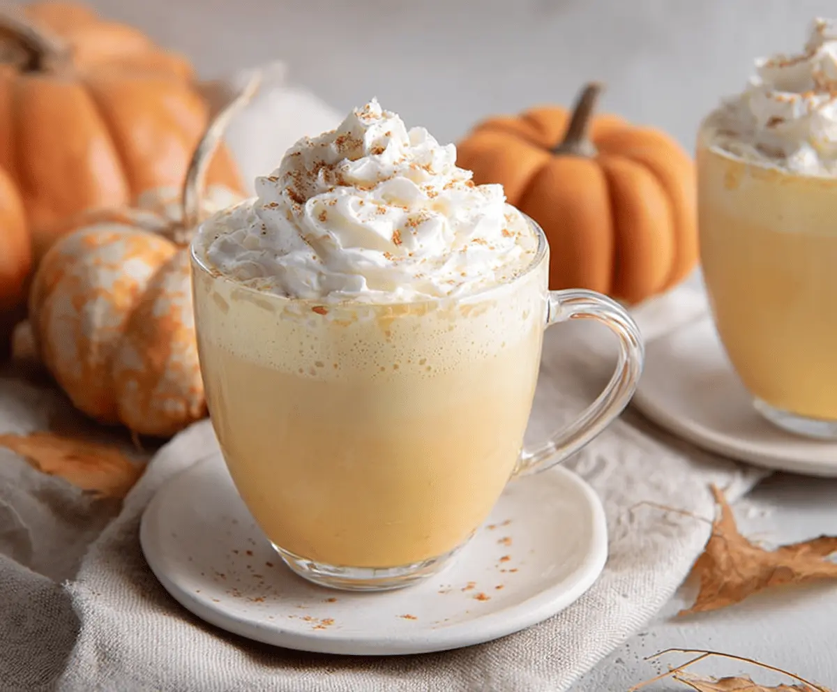 Creamy pumpkin white hot chocolate in a mug topped with whipped cream and cinnamon, perfect for fall desserts.