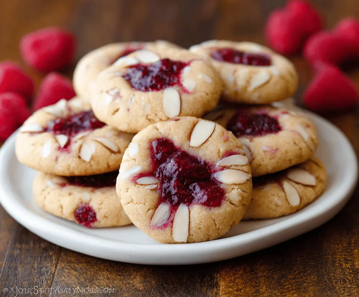 Delicious Raspberry Almond Butter Cookies on a plate, ready to serve, showcasing a golden-brown exterior with raspberry and almond toppings.