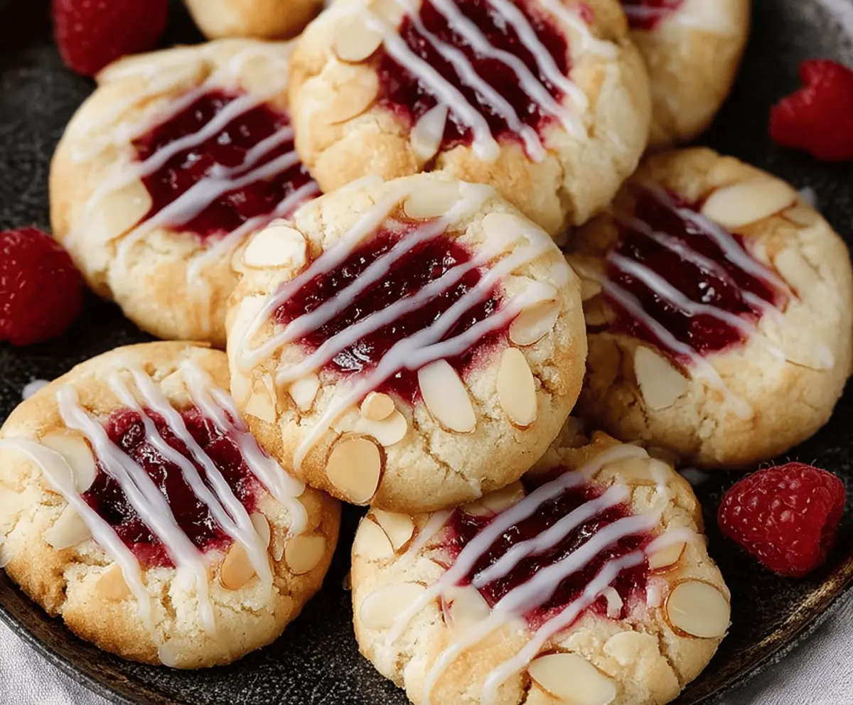 Delicious Raspberry Almond Shortbread Cookies on a white plate with fresh raspberries and almonds.