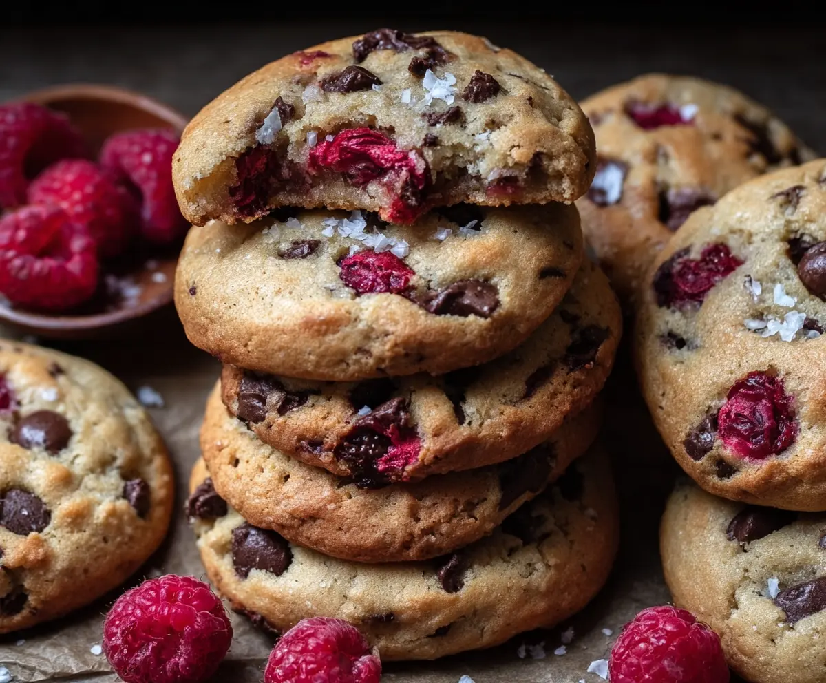 Delicious raspberry and chocolate chip cookies fresh out of the oven with vibrant berries and gooey chocolate chunks.