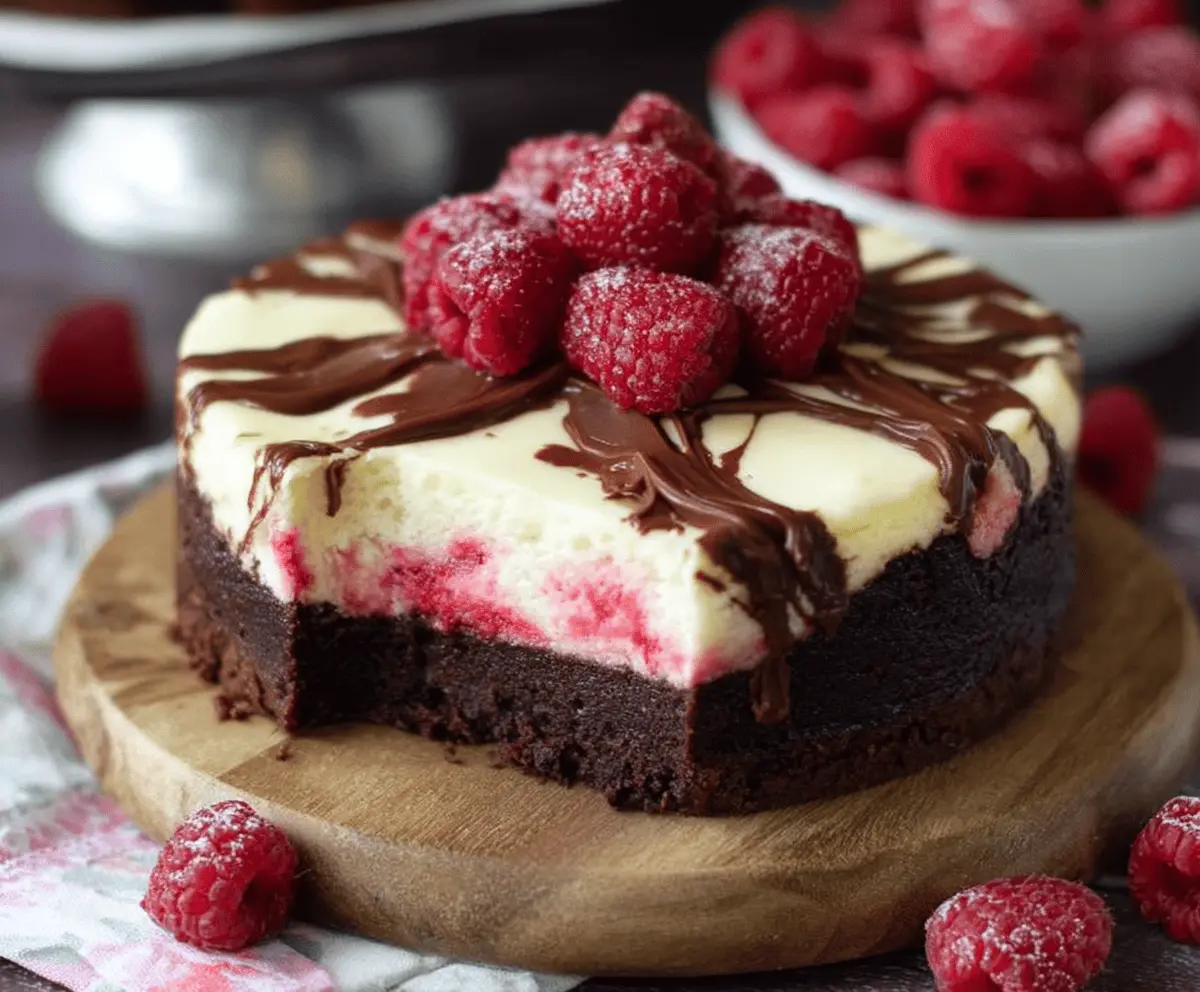 Delicious Raspberry Brownie Cheesecake with a rich chocolate base and fresh raspberry topping.
