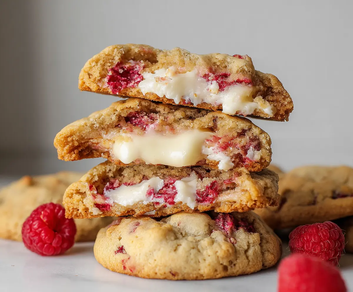 Delicious raspberry cheesecake stuffed cookies with a golden-brown exterior and a creamy, berry-filled center.