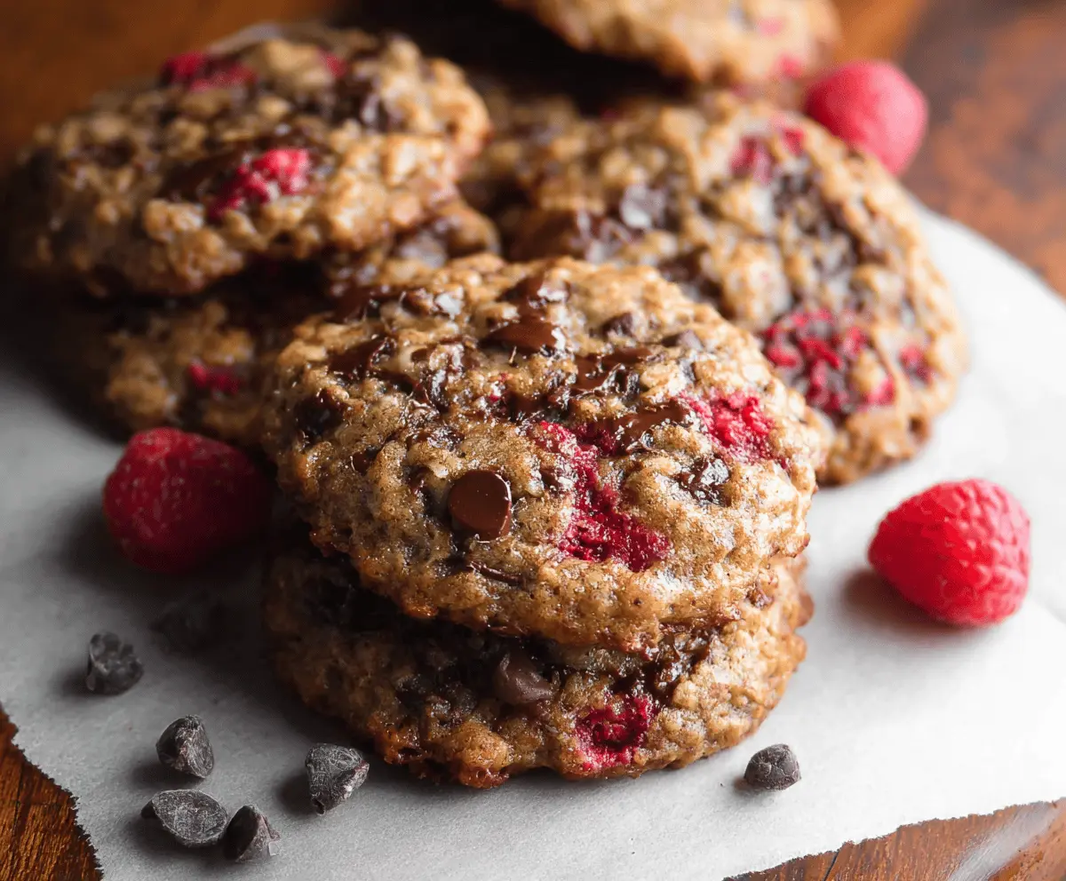 Delicious Raspberry Chocolate Oatmeal Cookies fresh out of the oven, showcasing a perfect blend of fruity and chocolate flavors.