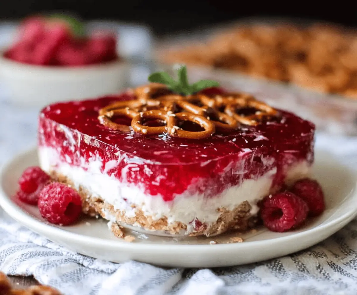 Delicious Raspberry Pretzel Dessert with fresh raspberries and crunchy pretzel crust.