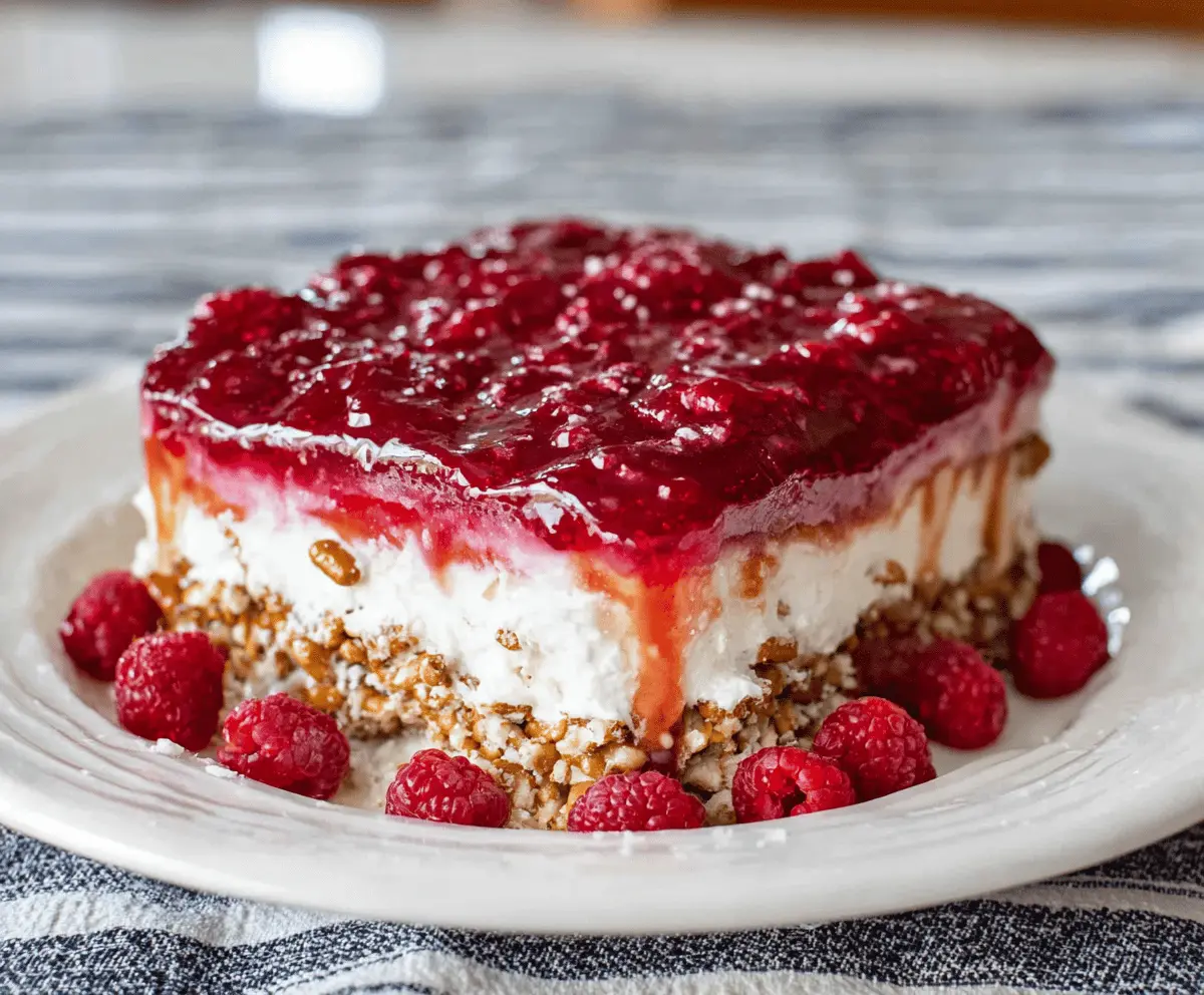 Delicious Raspberry Pretzel Salad Cake with fresh raspberries and a layered dessert presentation
