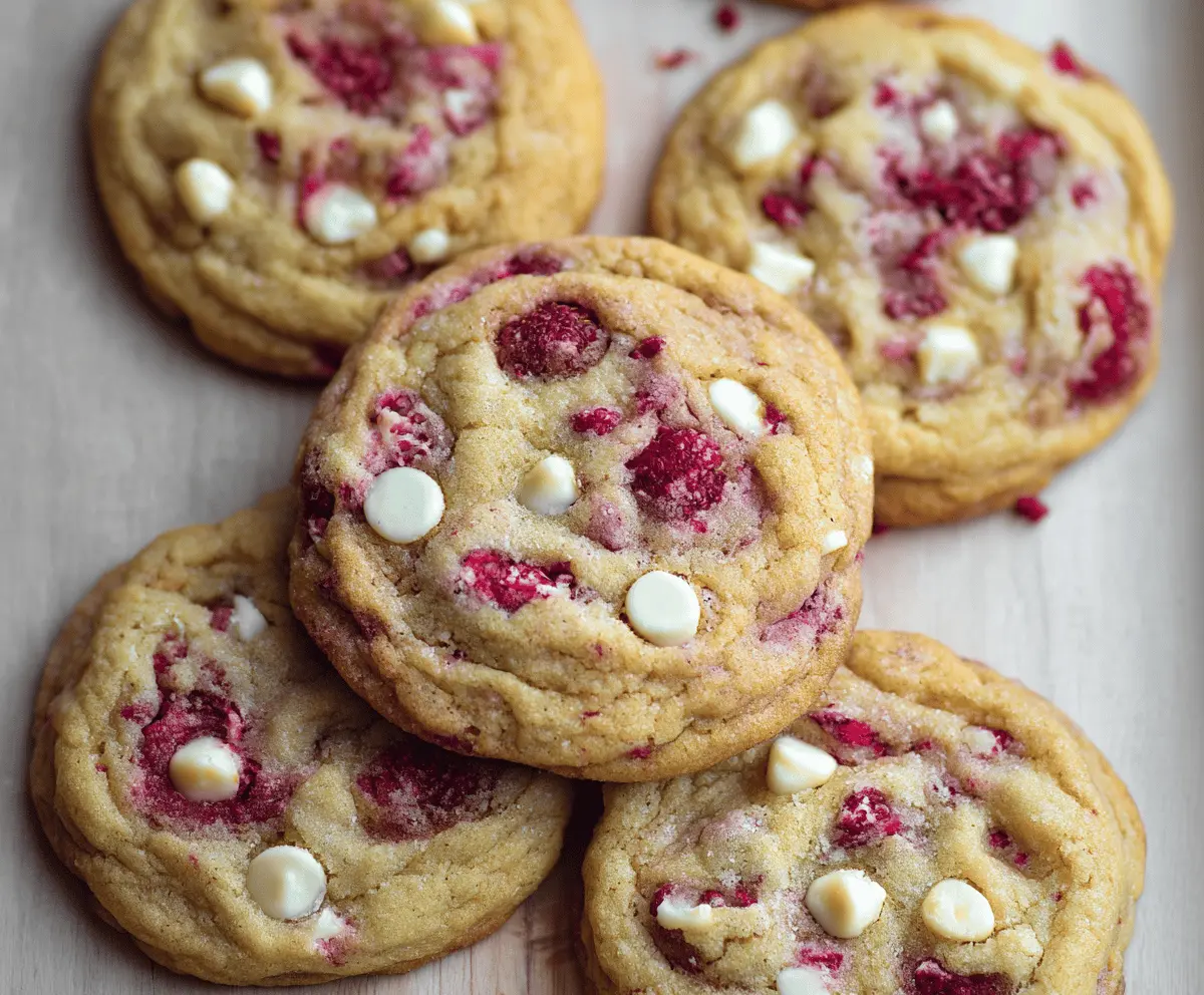 Delicious raspberry white chocolate chip cookies on a baking tray, perfect for dessert lovers.