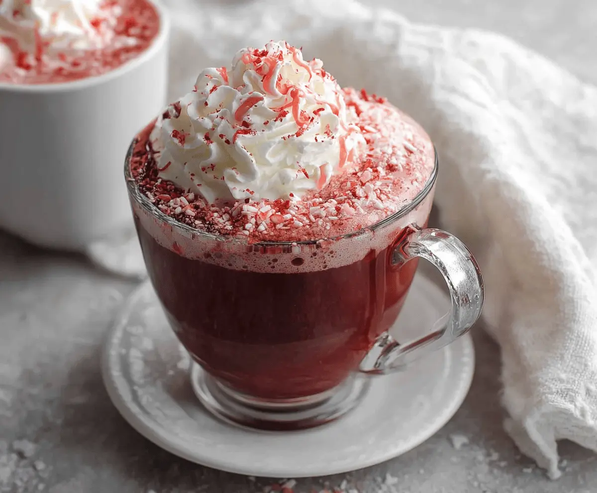Creamy red velvet hot chocolate topped with whipped cream and chocolate shavings.
