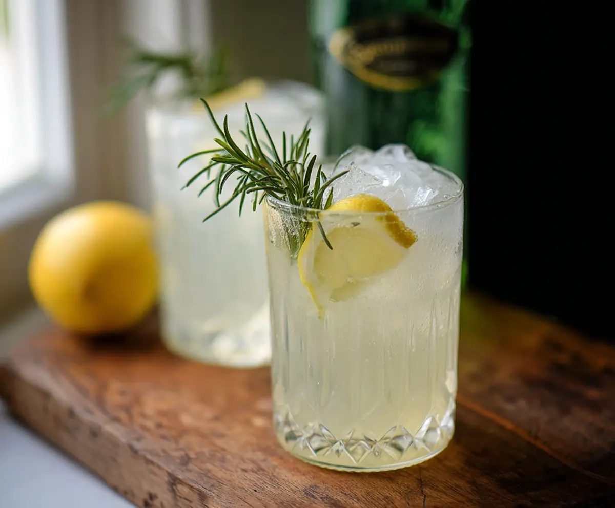 Refreshing Rosemary Gin Fizz cocktail garnished with fresh rosemary and lemon slices on a clear glass.