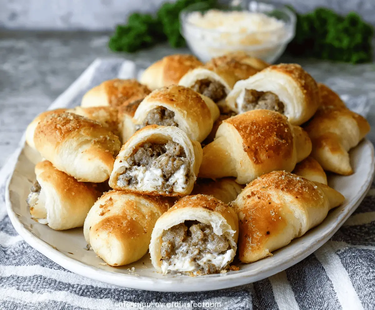 Delicious sausage cream cheese crescent bites with golden-brown crust, perfect for snacks or parties.