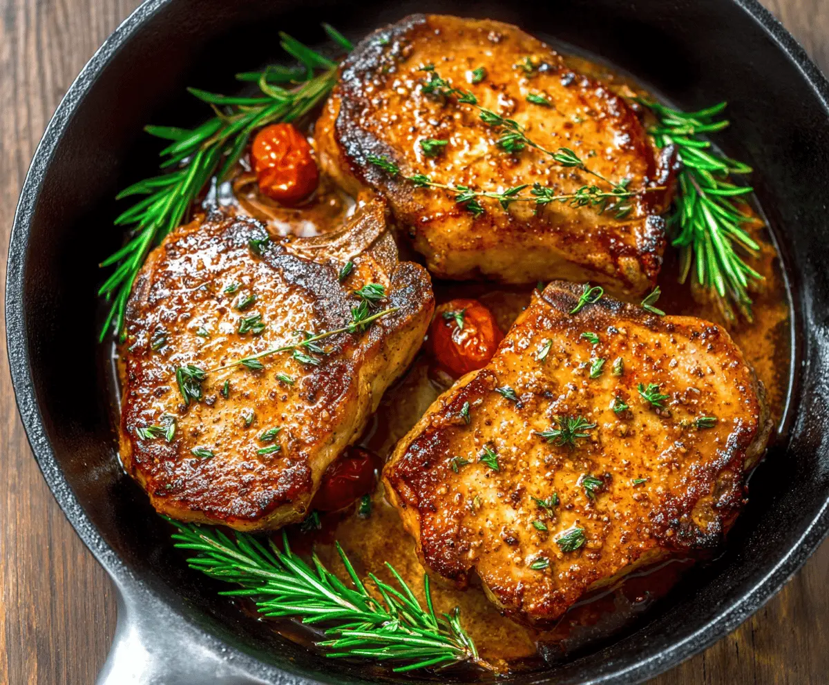 Juicy skillet pork chops cooked to perfection with golden crust and flavorful herbs.