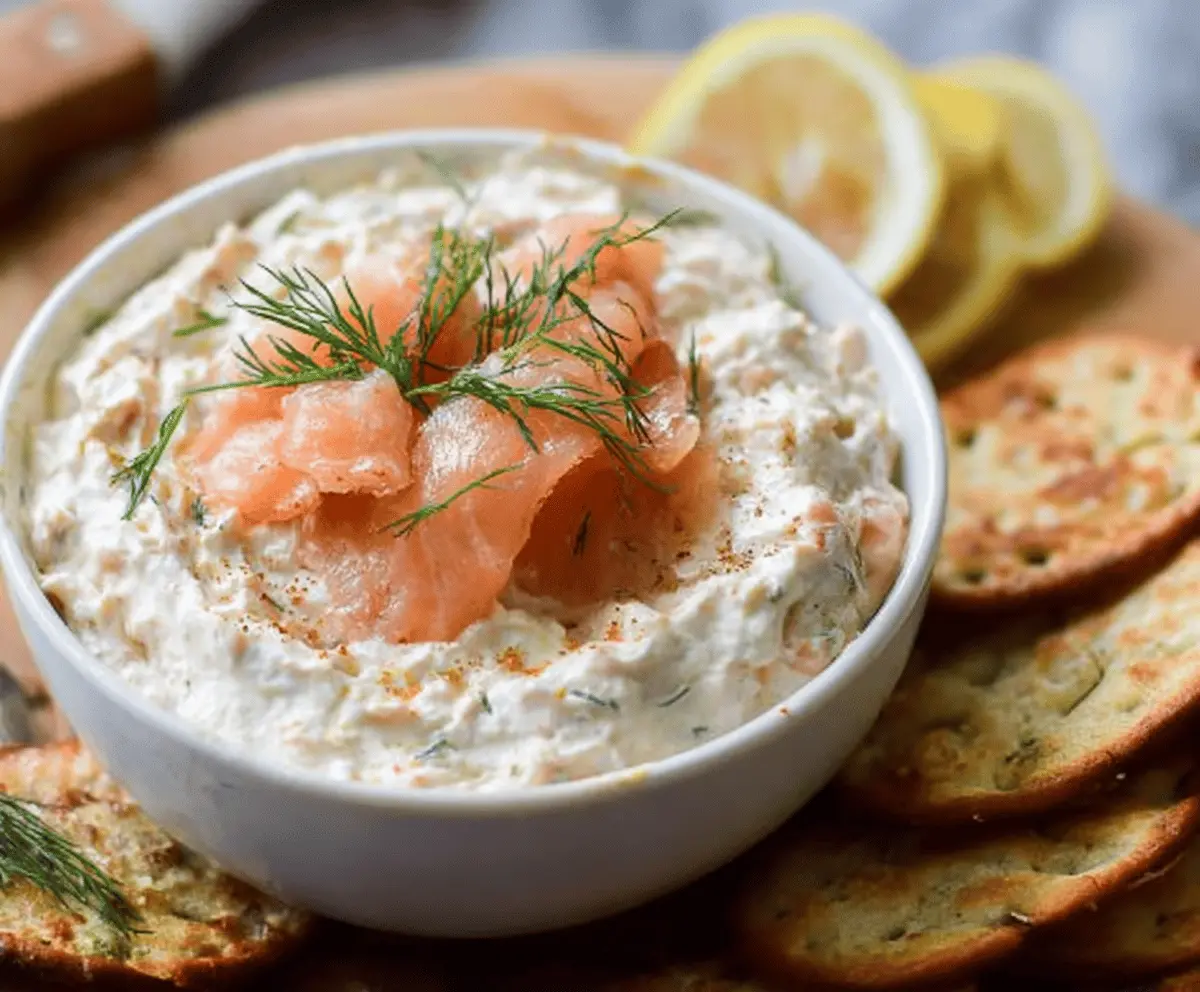 Creamy smoked salmon dip served with fresh herbs and crackers, perfect for appetizers.