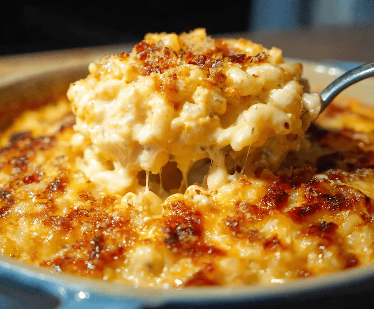 Creamy Southern Baked Mac and Cheese with golden crust, perfect comfort food.