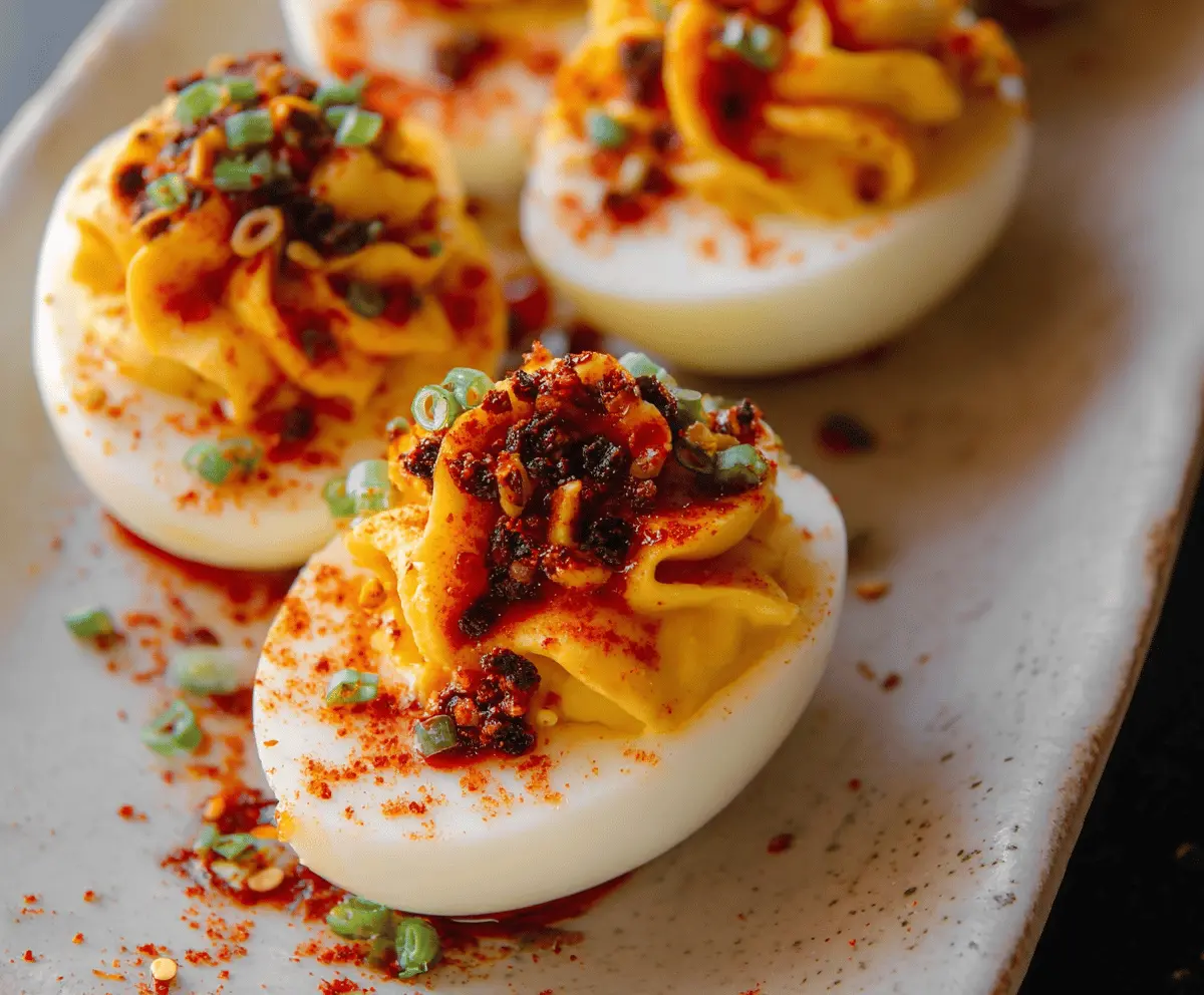 Delicious spicy chili garlic deviled eggs served on a plate, garnished with fresh herbs.