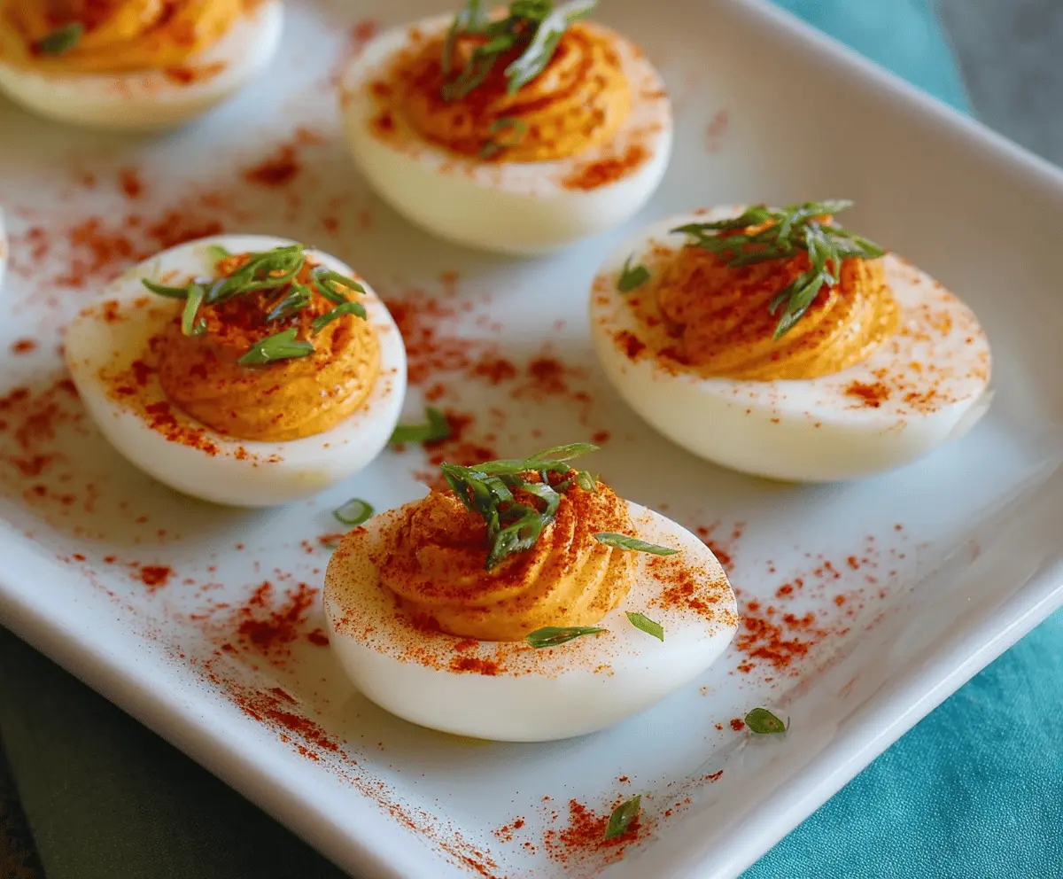 Creamy deviled eggs topped with spicy sriracha sauce, garnished with paprika and chives for a flavorful appetizer.