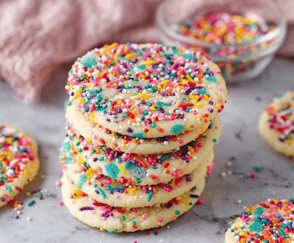 Delicious sprinkle sugar cookies with colorful toppings on a baking tray.