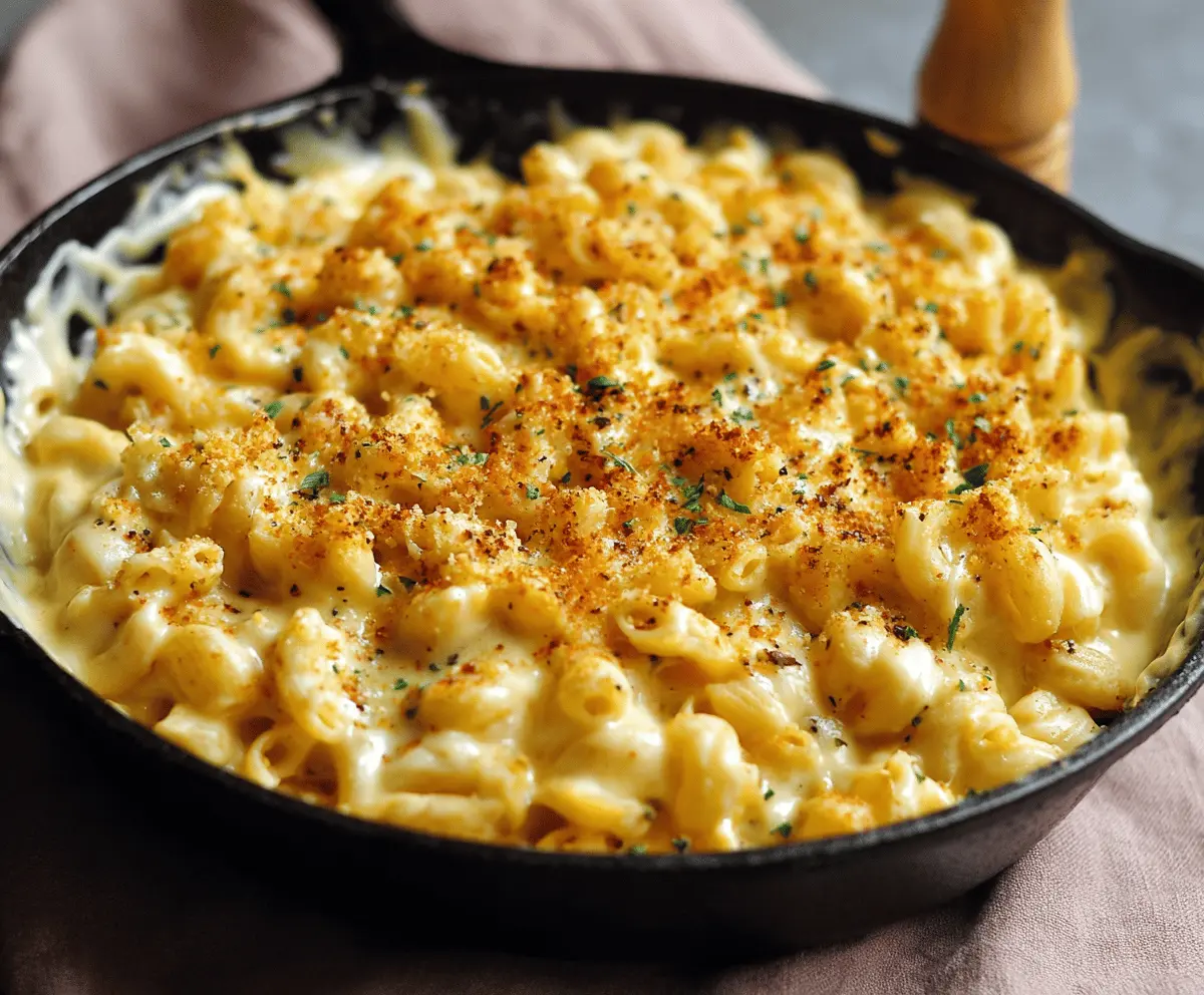 Creamy stovetop mac and cheese in a skillet, topped with melted cheese and herbs.