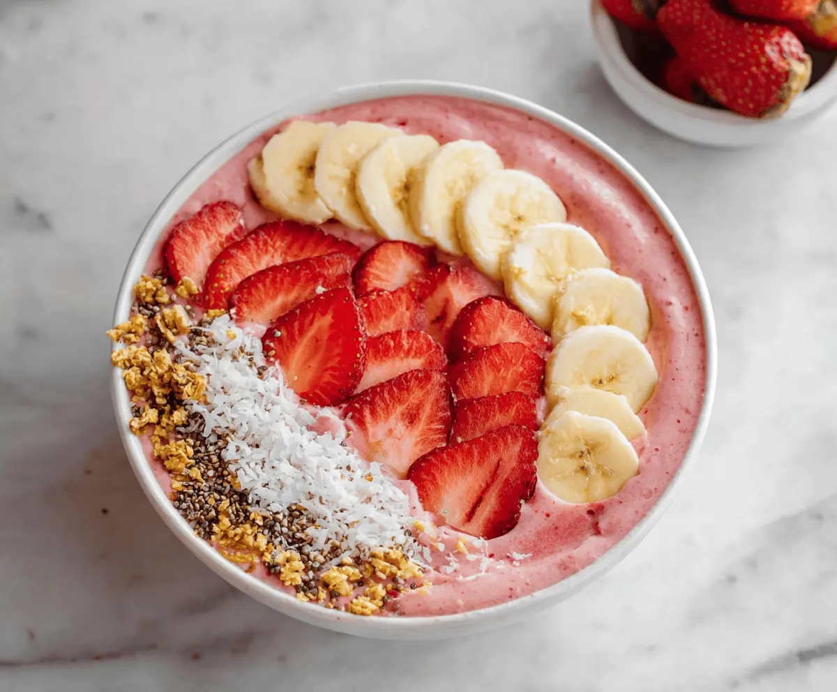 Colorful strawberry banana smoothie bowl topped with fresh fruit and granola on a wooden table.