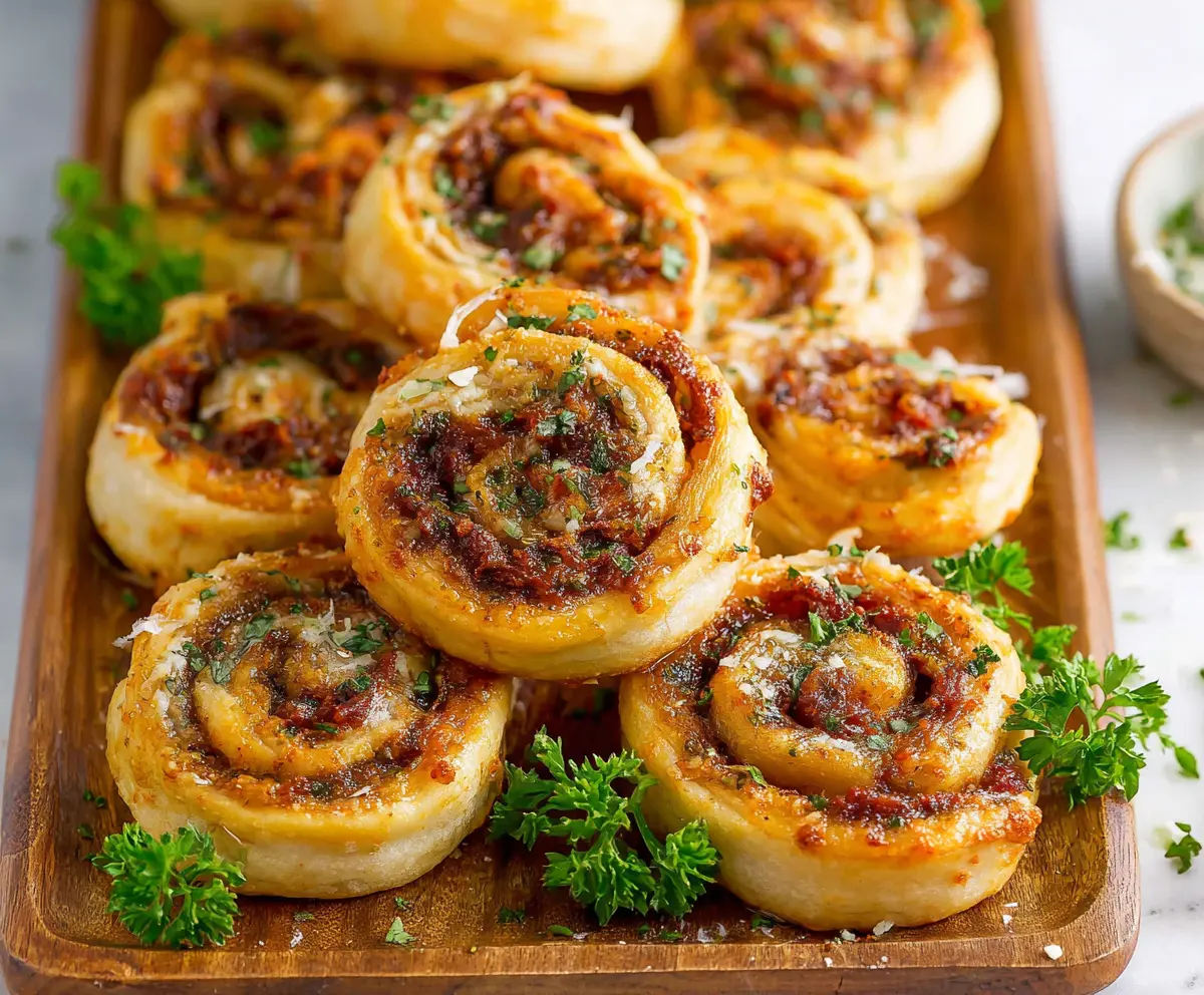 Delicious Sun-Dried Tomato Pesto Pinwheels with flaky pastry and vibrant green pesto filling.