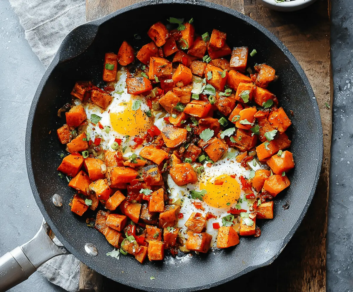 Colorful sweet potato breakfast hash with eggs and vegetables on a plate, perfect for a healthy morning meal.