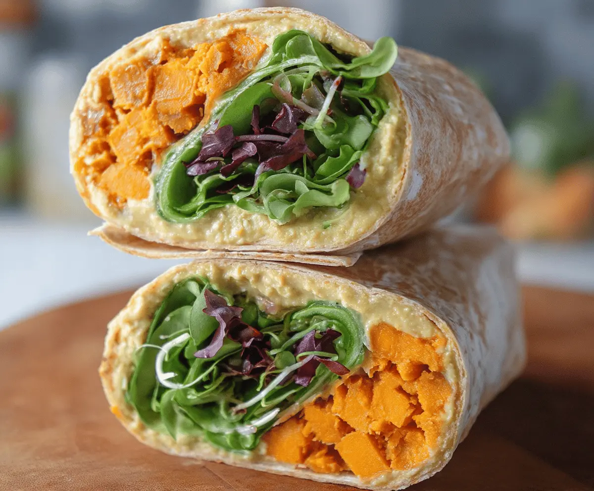 Healthy sweet potato hummus wrap filled with colorful vegetables and fresh greens.
