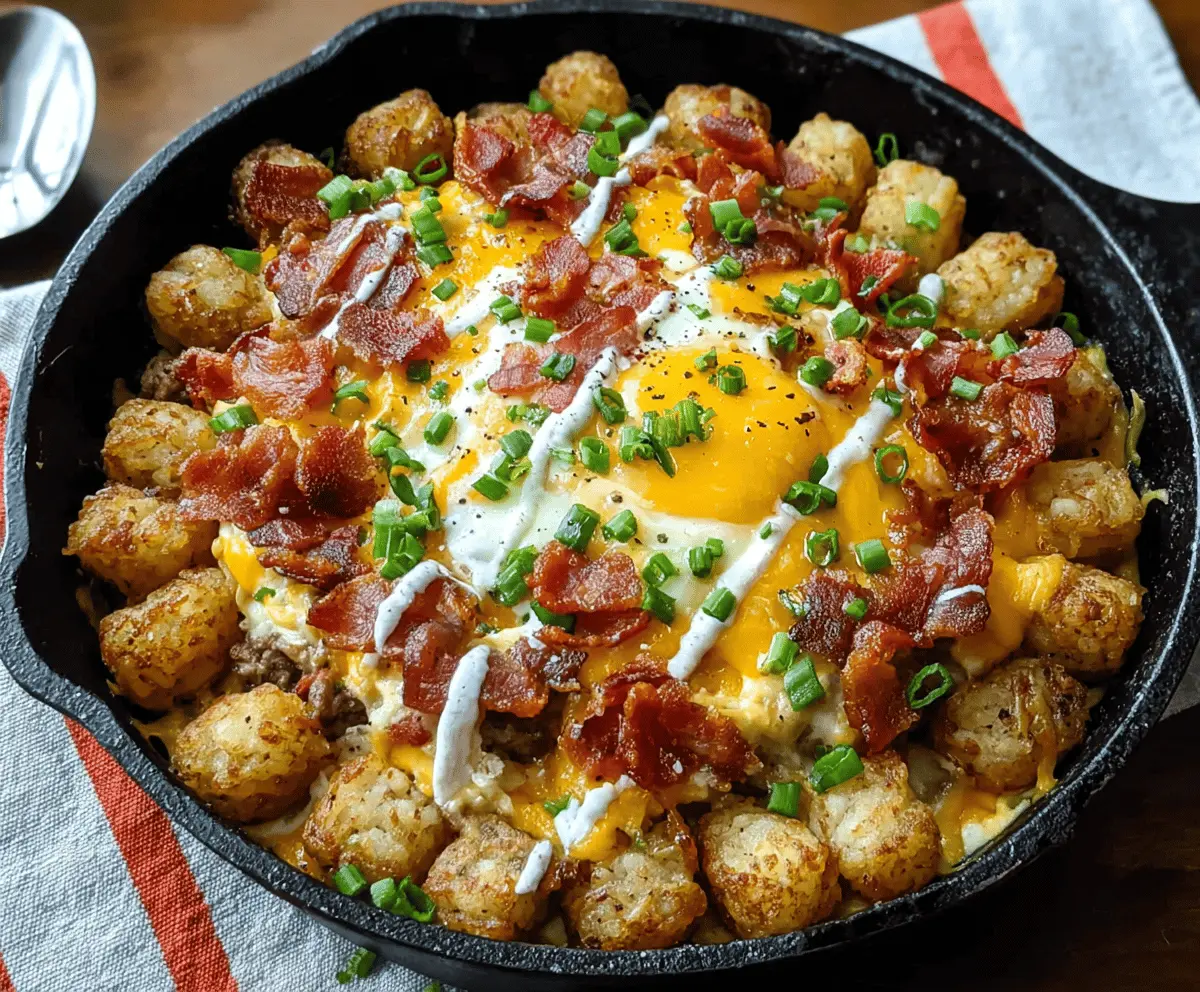 Delicious Tater Tot Breakfast Skillet with eggs, cheese, and vegetables for a hearty morning meal