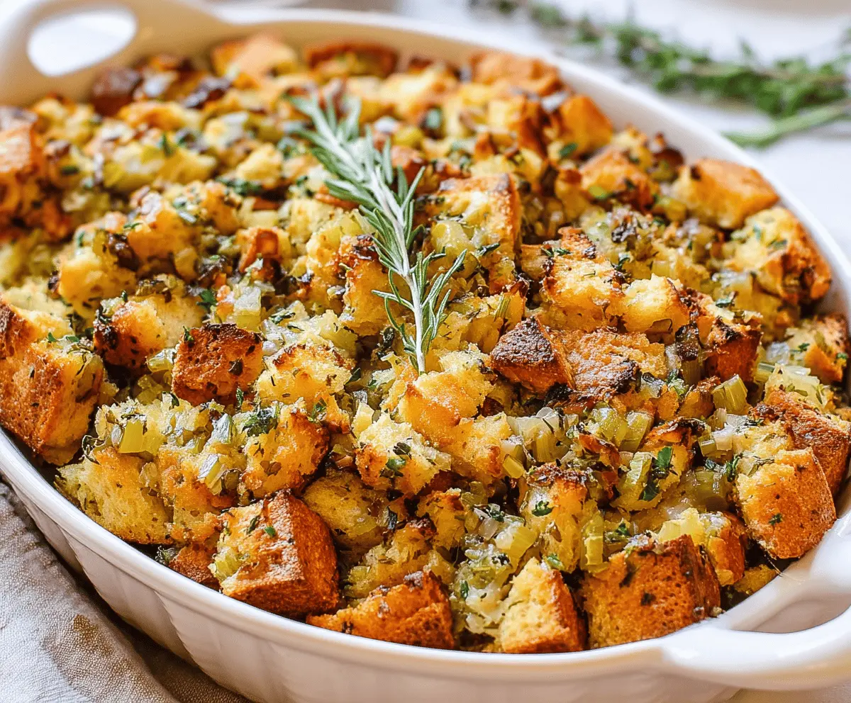 Delicious homemade traditional Thanksgiving stuffing with herbs and bread crumbs.