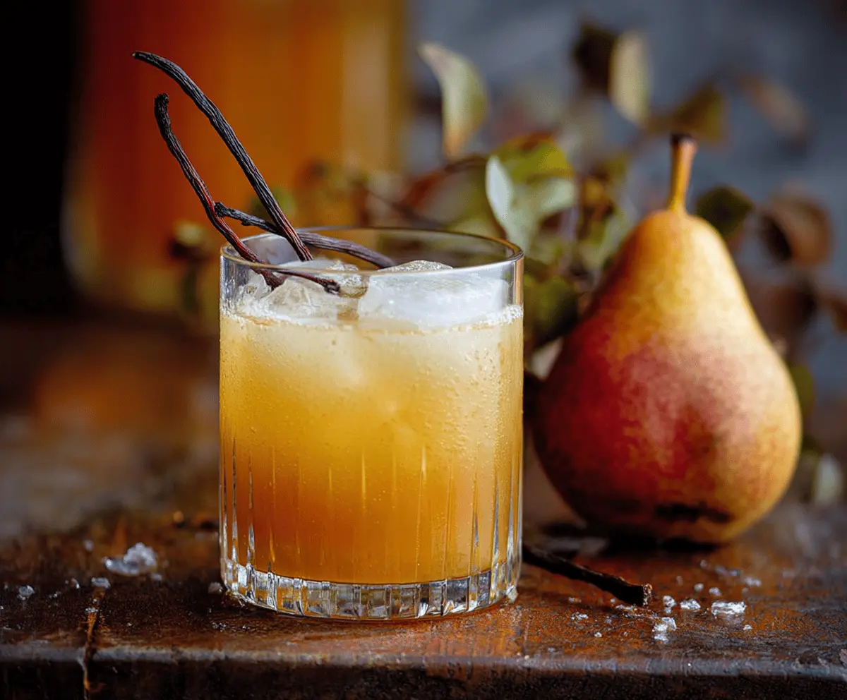Delicious Vanilla Pear Bourbon Cocktail in a glass garnished with pear slices and vanilla bean.