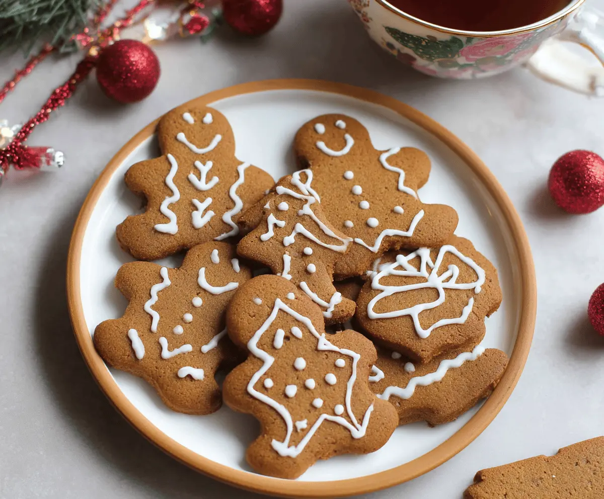 Vegan gingerbread cookies decorated with icing on a festive plate