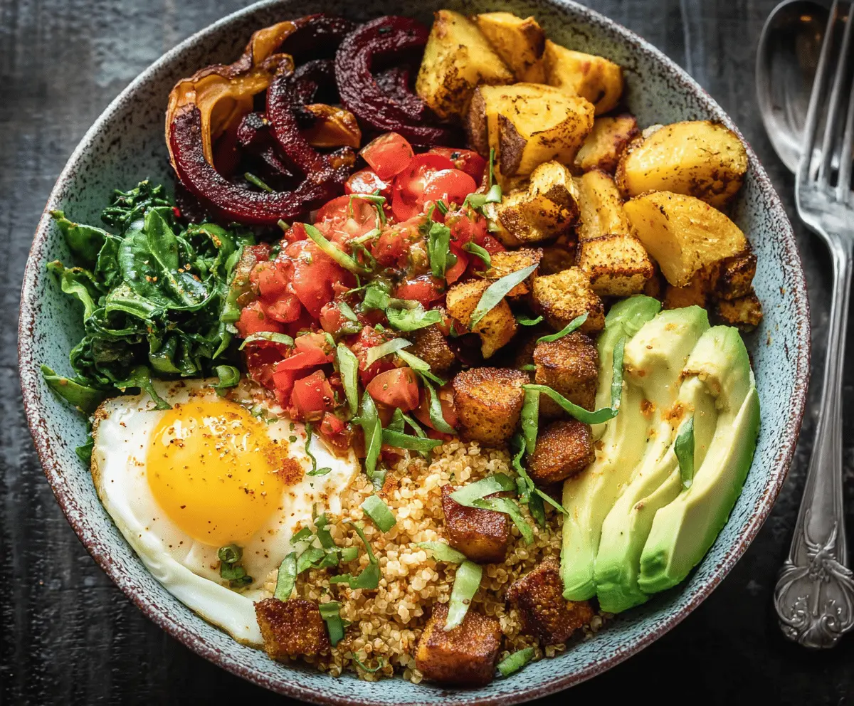 Colorful veggie breakfast bowl with fresh vegetables, eggs, and herbs for a healthy start to your day