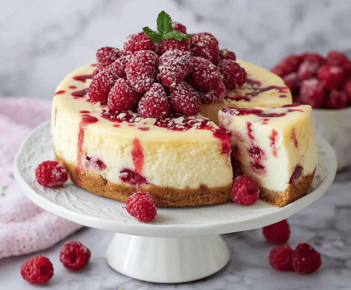Delicious White Chocolate Raspberry Cheesecake garnished with fresh raspberries and white chocolate shavings.