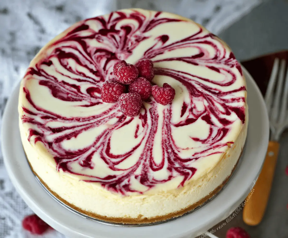 Delicious White Chocolate Raspberry Swirl Cheesecake with a creamy texture and vibrant berry swirl on top.