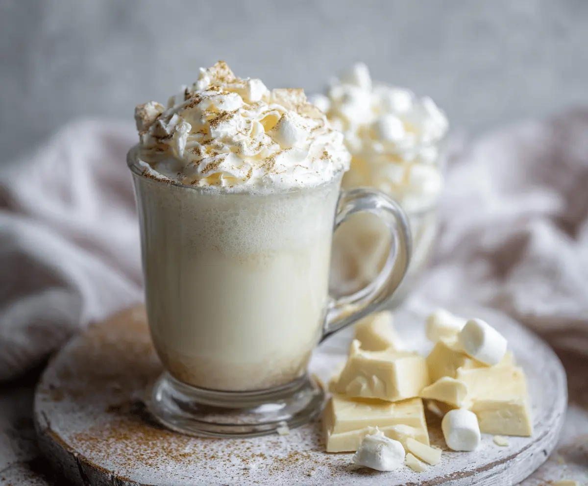 Creamy white hot chocolate topped with whipped cream and marshmallows in a cozy mug.