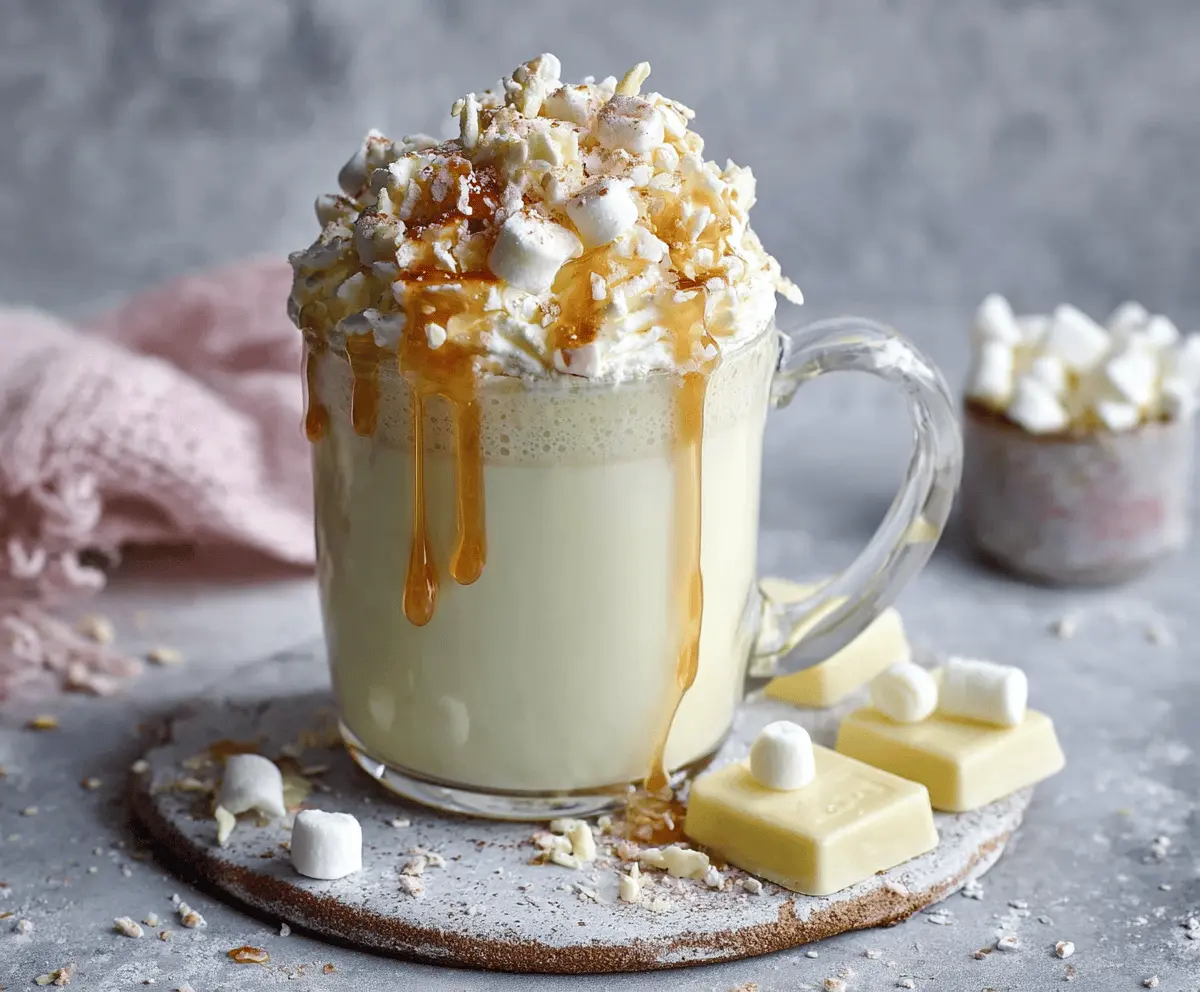 Creamy white hot chocolate topped with whipped cream and marshmallows in a cozy mug.
