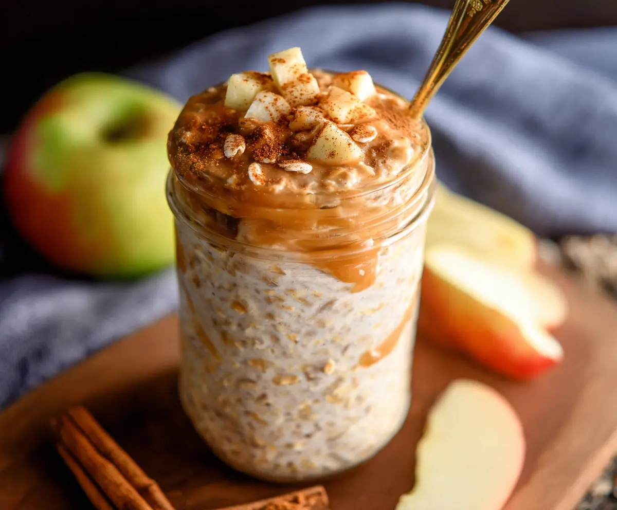 Healthy Apple Cinnamon Protein Overnight Oats in a glass jar with fresh apple slices and cinnamon for a nutritious breakfast.