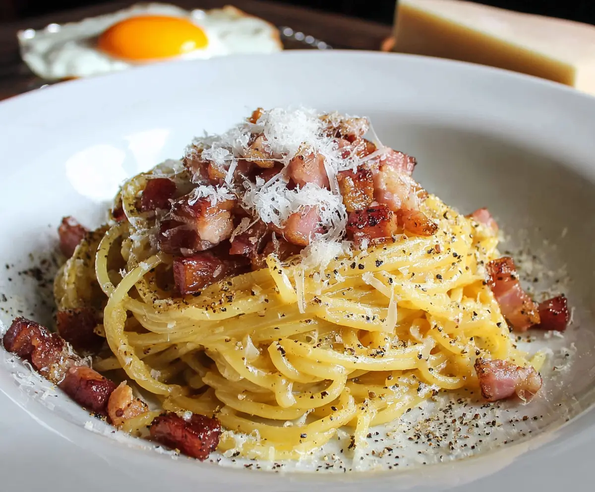 Delicious homemade Pasta Carbonara with creamy sauce and crispy pancetta on a rustic plate.