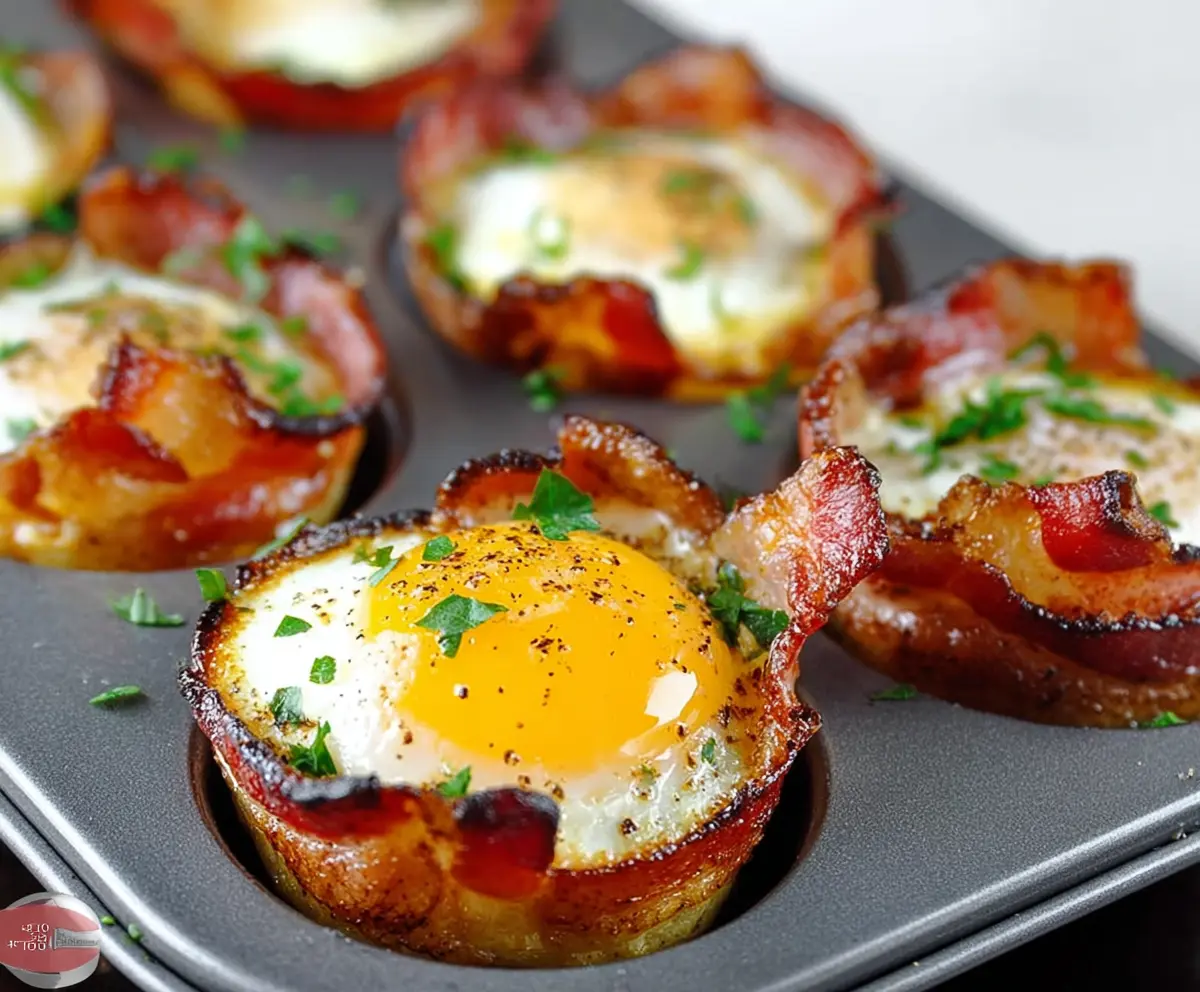 Bacon Egg Breakfast Cups served in a muffin tin, crispy bacon with creamy eggs for breakfast.