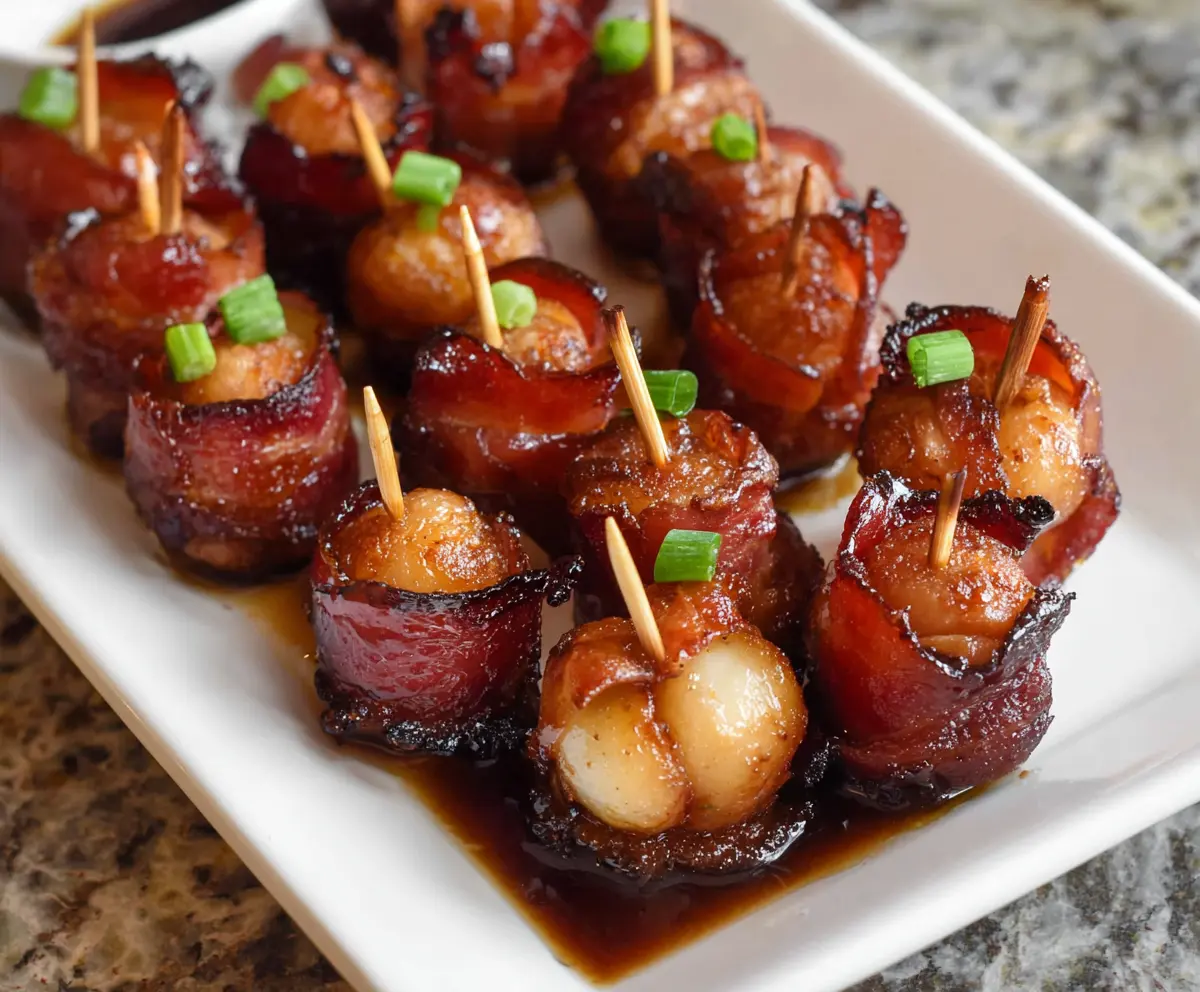 Delicious bacon wrapped water chestnuts, a savory appetizer with crispy bacon and crunchy water chestnuts.