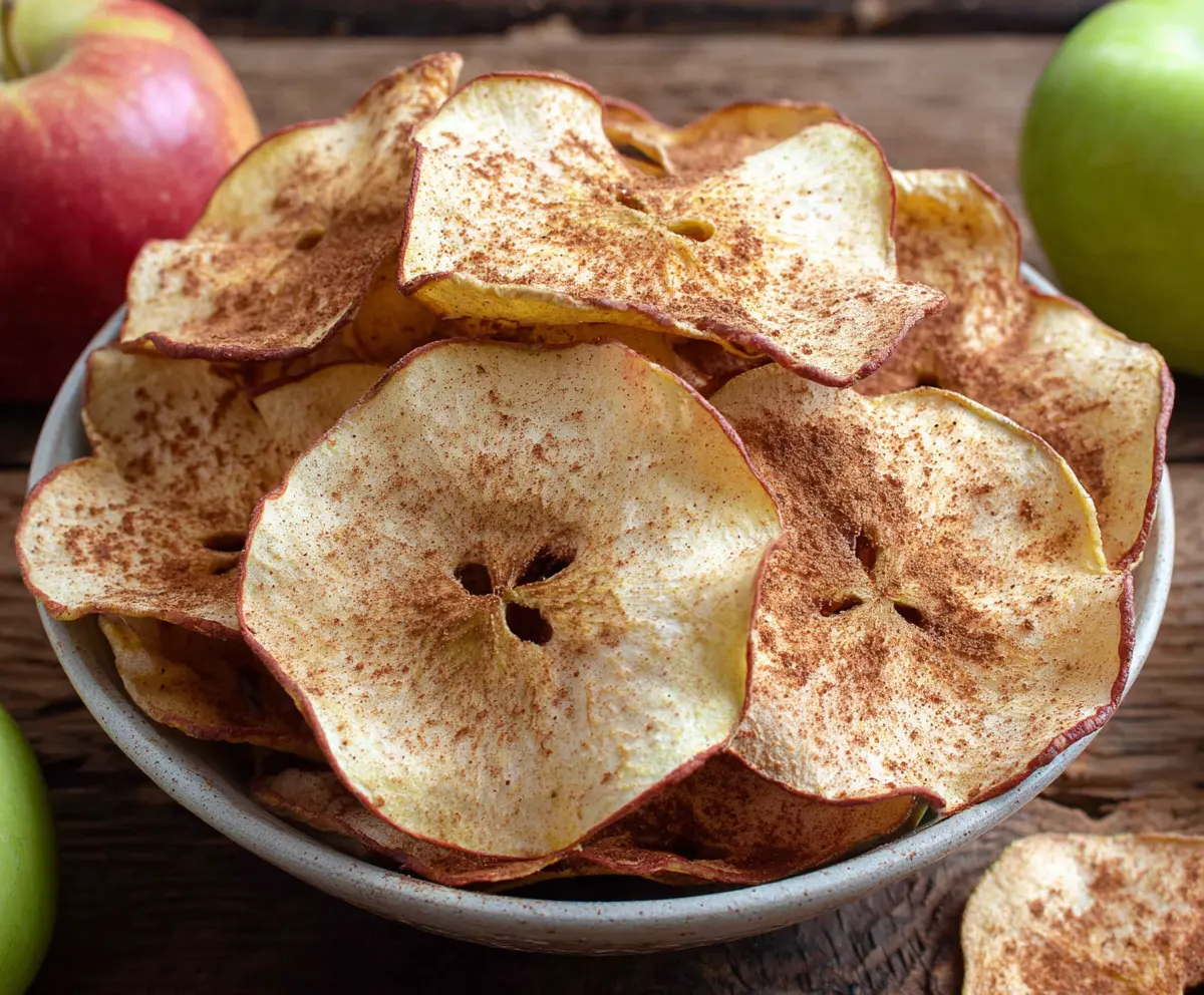 Homemade baked apple chips on a plate, showing a crispy golden texture, perfect for healthy snacks.
