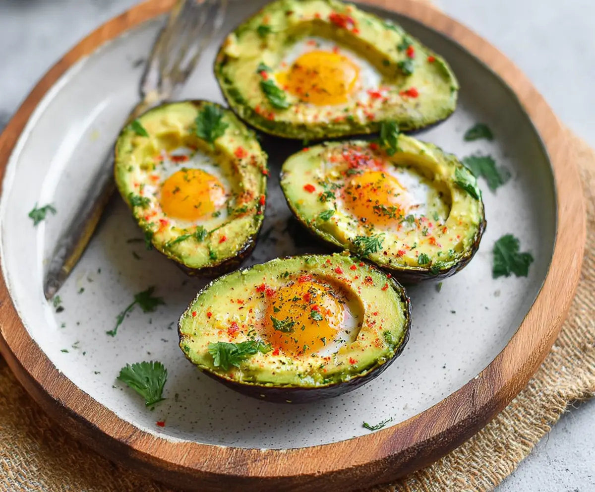 Delicious baked avocado egg boats with a runny yolk and crispy edges, garnished with herbs.
