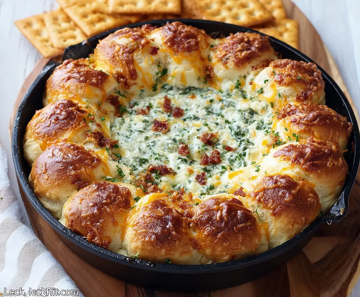 Delicious baked biscuit wreath dip garnished with herbs for a festive appetizer.