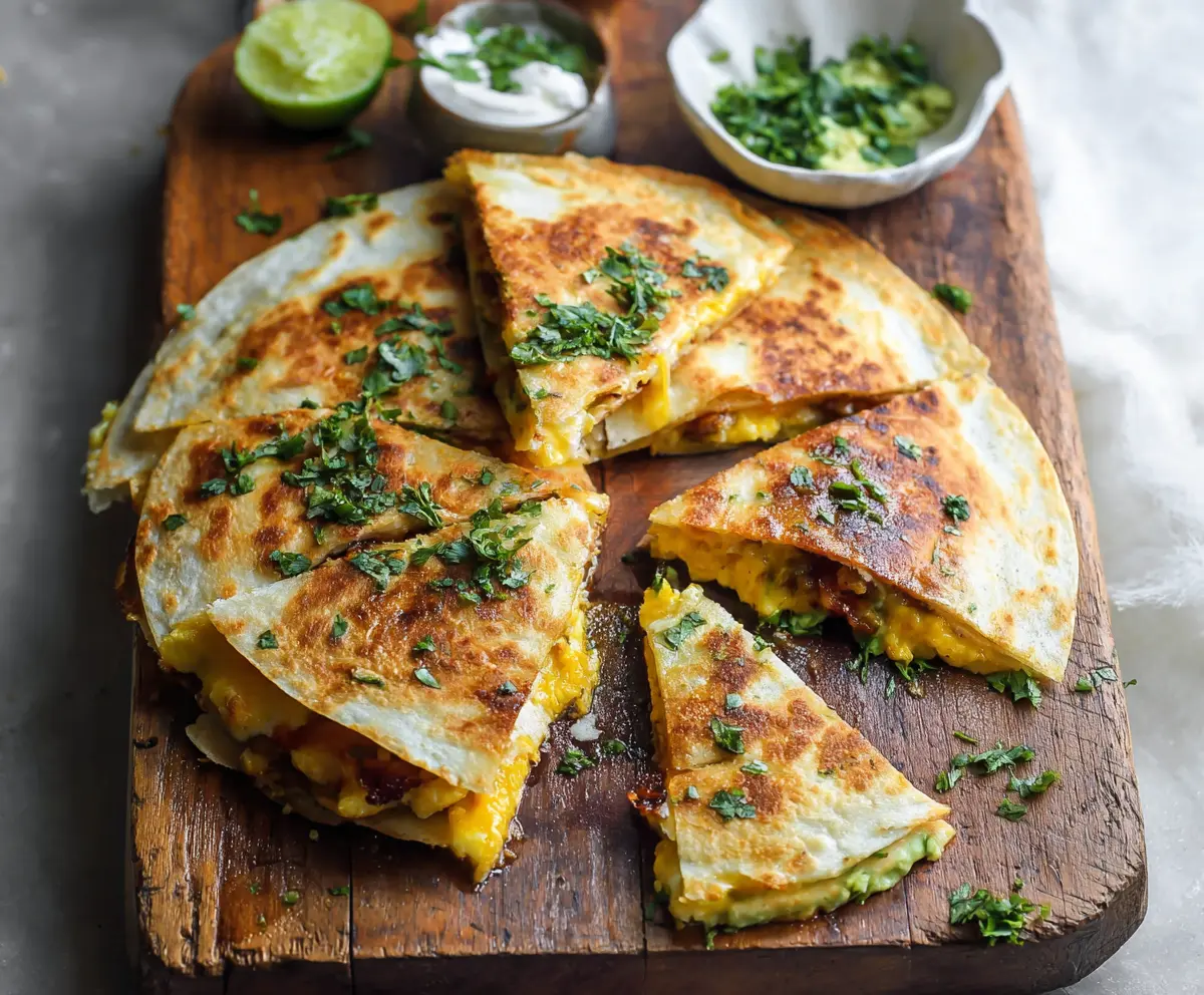 Delicious baked breakfast quesadillas filled with eggs cheese and vegetables on a plate.