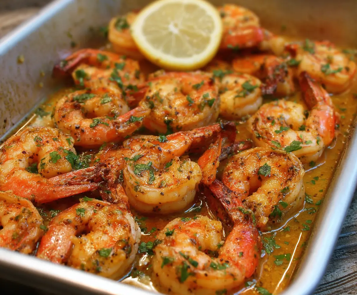 Delicious baked Cajun shrimp served on a plate with lemon wedges and fresh herbs
