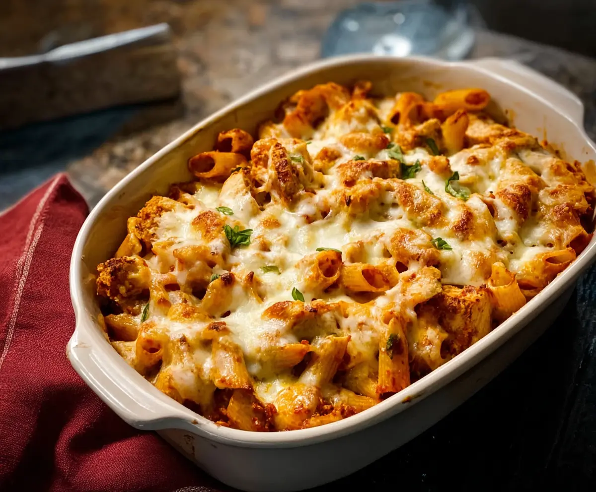 Delicious baked chicken mozzarella pasta with melted cheese and fresh herbs.