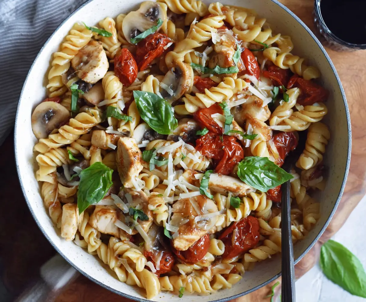 Delicious balsamic chicken pasta with fresh herbs served on a white plate