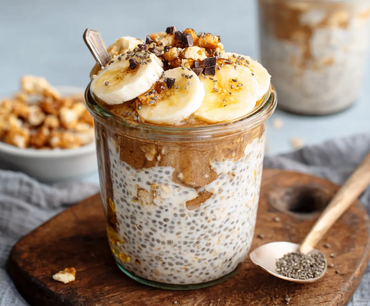 Healthy Banana Chia Overnight Oats in a jar with fresh banana slices and chia seeds for a nutritious breakfast